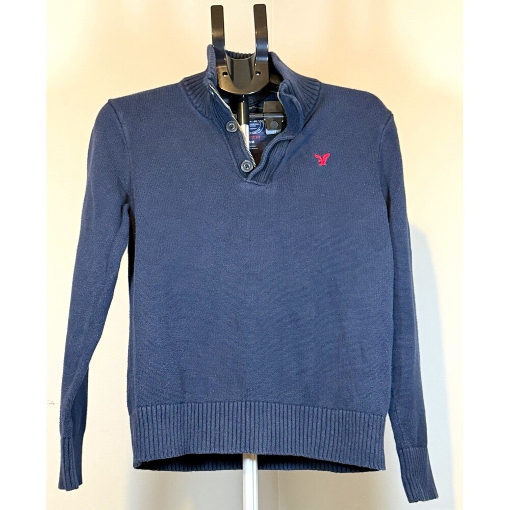 American Eagle Outfitters Men's M Navy 1/4 Zip Mock Neck Cotton Knit Sweater